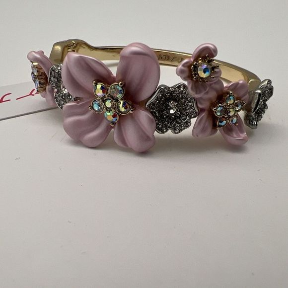 Betsy Johnson Pink Enamel AB Rhinestone Flower Hinge Bangle Bracelet - Picture 5 of 13